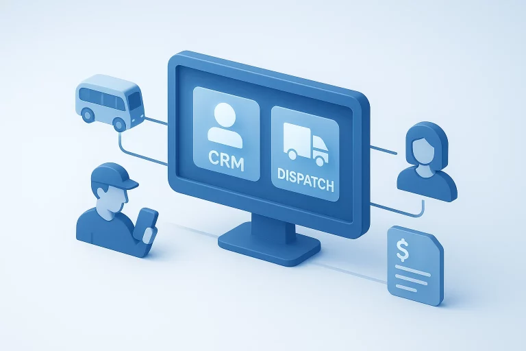 3D isometric illustration of transport operations connected to a digital dashboard. Central glowing dashboard screen with connected icons: fleet vehicles (bus/car), a driver with smartphone, a customer icon, and finance/invoice icon. Modern SaaS design, soft gradients in blue and white, clean minimal background, professional corporate tech style.